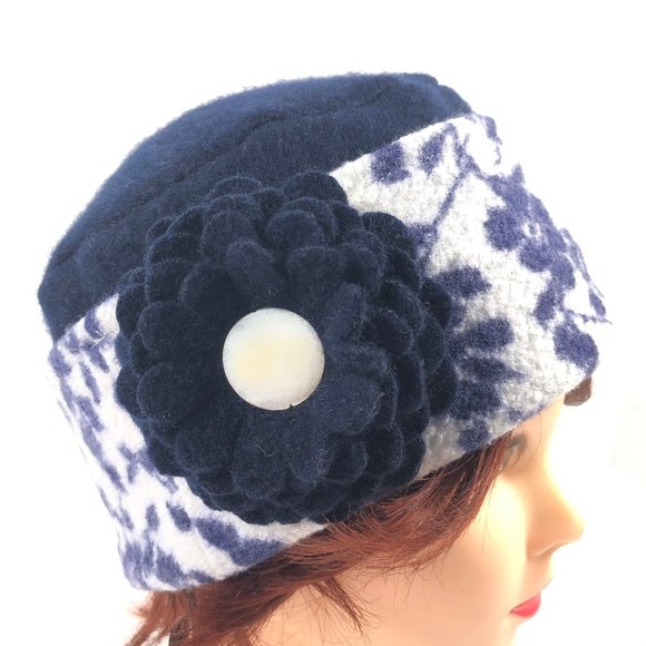 Navy Floral Cashmere Sweater Hat & Flower Pin - Picture 2 of 9